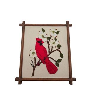 Vintage Handmade Cardinal & Dogwood Punch Needle Art In Wooden Frame